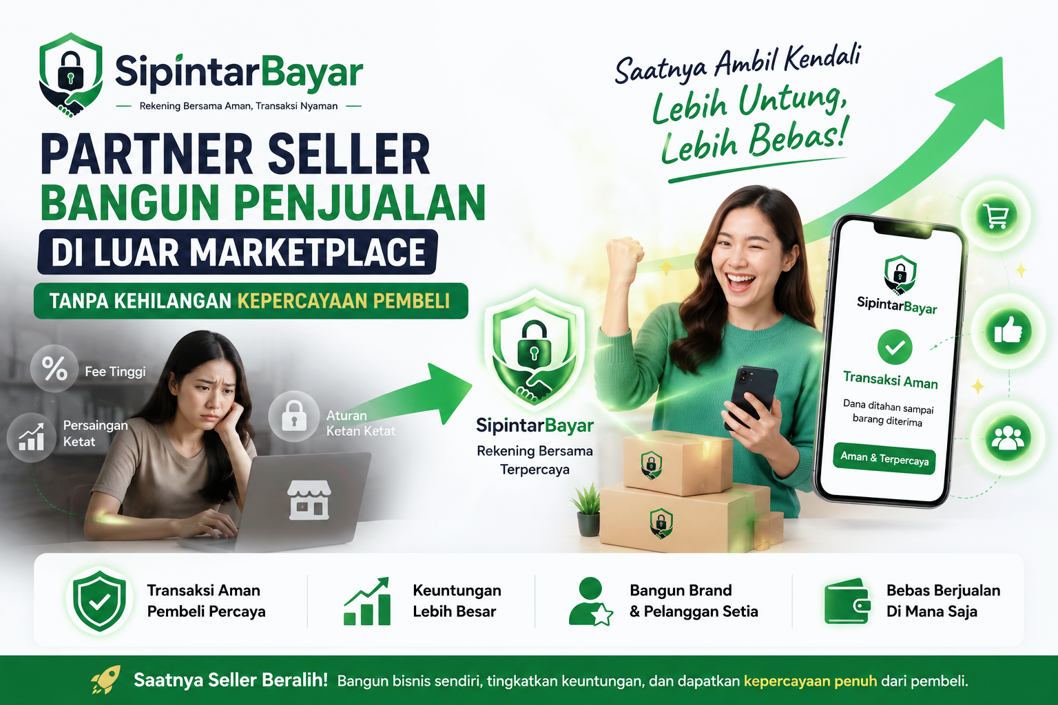 Jualan di luar marketplace lebih aman menggunakan rekening bersama SipintarBayar untuk menjaga kepercayaan pembeli.