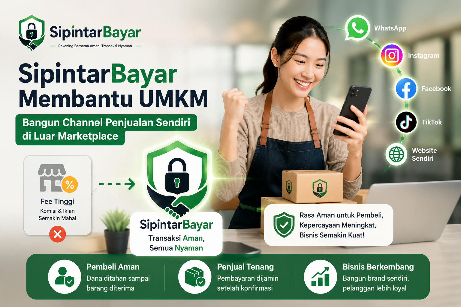UMKM membangun channel penjualan sendiri di luar marketplace menggunakan SipintarBayar agar pembeli tetap merasa aman bertransaksi.